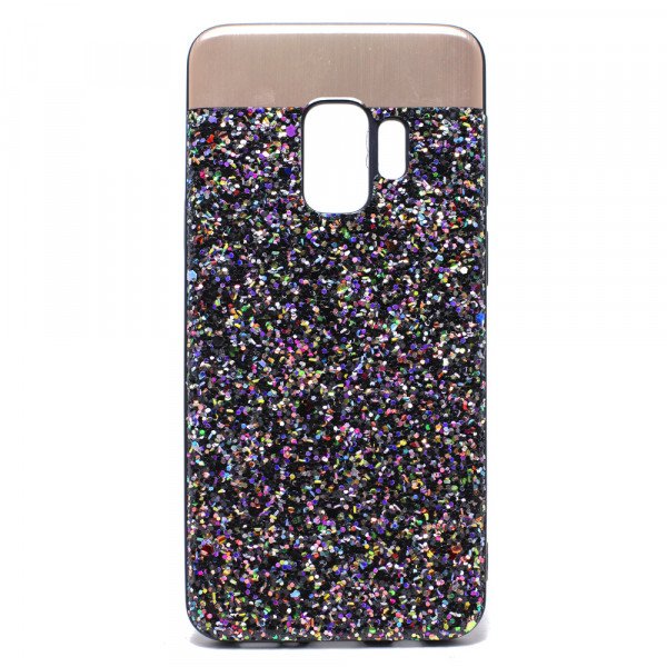 Wholesale Galaxy S9 Sparkling Glitter Chrome Fancy Case with Metal Plate (Black)